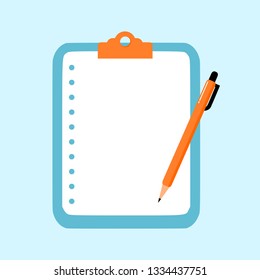 Blank paper on clipboard with pen ,isolated on light blue background