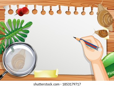 Papel en blanco en la vista superior de la mesa con ilustración de hojas y elementos caracoles