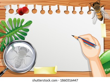 Blank paper on the table top view with leaves and insects elements illustration