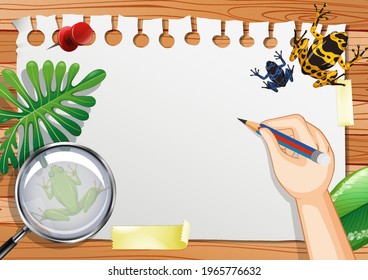 Blank paper on the table top view with leaves and frog elements illustration