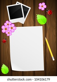 Blank paper on wooden background with flowers and ladybird. Vector illustration.