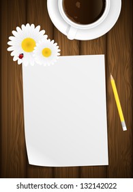 Blank paper on wooden background with flowers and ladybird. Vector illustration.