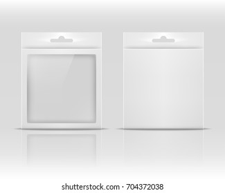 Blank paper packaging box with hanging hole isolated on white background. Product package template. Vector illustration.