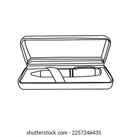 Envase de papel en blanco Caja de plumas con bandeja de inserción de espuma. Ilustración 3d.3d conjunto de escritura de representación con una caja elegante. Pluma de bolas y bolígrafo de tinta sobre un fondo brillante.Vector de iconos de Pinter. Gráficos vectores, a