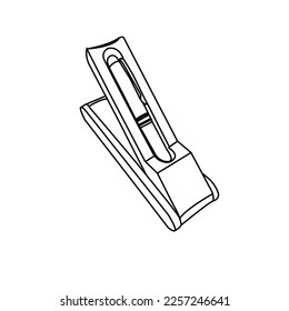 Blank Paper Packaging Pen Box with Foam Insert tray. 3d render illustration.3d render writing set with a stylish box. Ball pen and ink pen on a bright background.School clip art collection. Pencil box