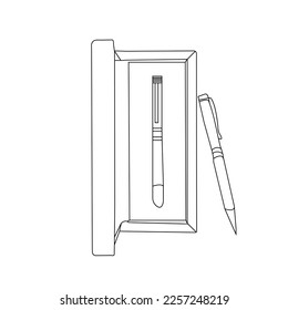 Blank Paper Packaging Pen Box with Foam Insert tray. 3d render illustration.3d render writing set with a stylish box. Ball pen and ink pen on a bright background.School clip art collection. Pencil box