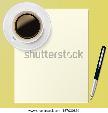 Blank Paper Page and pen with coffe cup Office desktop design template background in vector