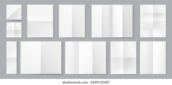 Blank paper pages with realistic folded effect. Vector isolated set of 3d cards or notes with creased texture. Mockup leaflet o stationery wrinkled or turned over. Clean crumpled sheets