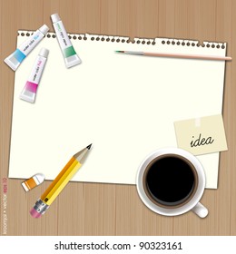 Blank paper for paint with coffee on wood background