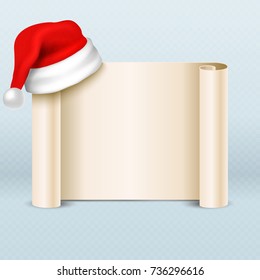 Blank paper parchment scroll with santa claus red hat. Xmas holiday card vector template. Christmas message with santa hat illustration