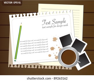 blank paper with photo frame and coffee cup on wooden background. Vector template for design work