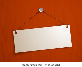 Blank paper piece hanging on a thread vector realistic illustration over wooden background, graphic design mockup for message.