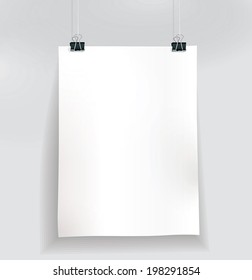 Blank paper poster with paper clips on white wall. Vector Illustration.