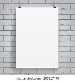 Blank paper poster on brick wall background. Vector eps-10.