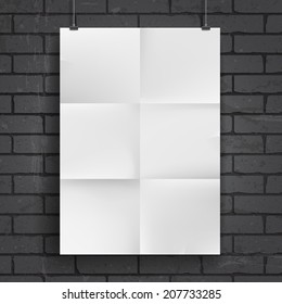 Blank paper poster on brick wall background. Place your design and apply Transparency with Multiply blending mode to it. Vector eps-10.