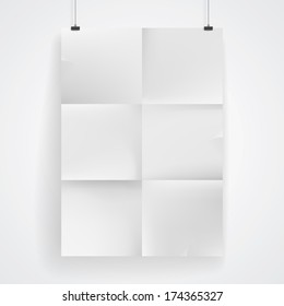 Blank paper poster on white wall. Place your design and apply Transparency with Multiply blending mode to it. Vector eps-10.