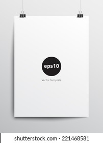 Blank Paper Poster Template With Paper Clips On Gray Background. Clean And Realistic Style Design