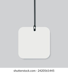 Blank paper price tag with string and rounded corners isolated on transparent background.