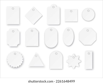 Blank paper price vector tags or gift tags in different shapes. Set of labels with cord. Vector