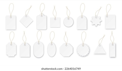 Blank paper price vector tags or gift tags in different shapes. Set of labels with cord. Vector