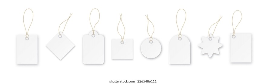 Blank paper price vector tags or gift tags in different shapes. Set of labels with cord. Vector