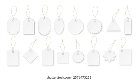 Blank paper price vector tags or gift tags in different shapes. Set of labels with cord. Vector