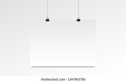 Blank paper realistic mockup. Empty poster mockup with hanging and binder clip