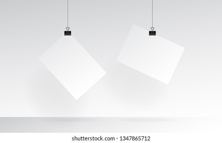 Blank paper realistic mockup. Empty poster mockup with hanging and binder clip
