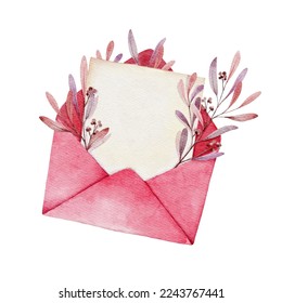 Blank paper in red envelope and branch with leaves. Love letter for Valentines day.