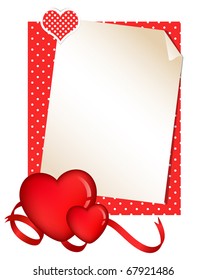 Blank paper for romantic messages, with hearts and ribbon