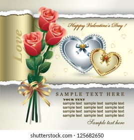 Blank paper with roses ornament and heart for valentine's day