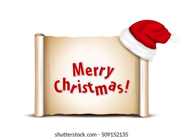 Blank paper with Santa Hat on a white christmas background.