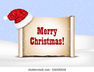 Blank paper with Santa Hat on a winter christmas background.