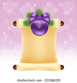 Blank paper scroll with Christmas ball over snow background 