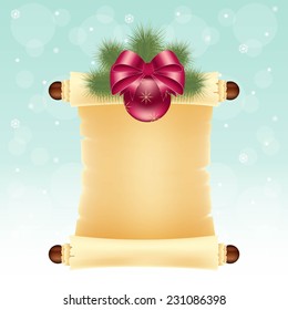 Blank paper scroll with Christmas ball over snow background 