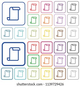 Blank paper scroll color flat icons in rounded square frames. Thin and thick versions included.
