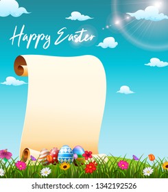 Blank paper scroll in the grass field with decorated Easter eggs