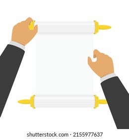 Blank paper scroll in hands of man. Hand of Businessman holding vintage parchment. Ancient manuscript template with place for your text. Vector illustration in flat style. EPS 10. 