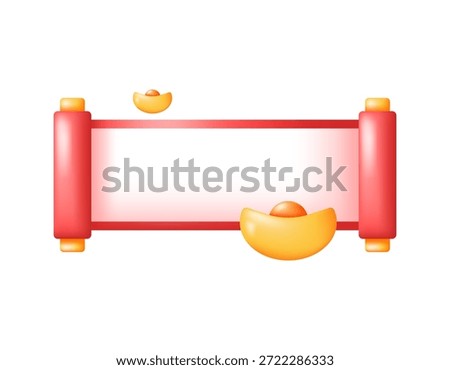 Blank paper scroll. Illustration of a Chinese paper scroll with yuan bao or gold ingots. Chinese New Year special sale concept. Lunar New Year promo and shopping deals. 3D style design. Decoration, ornament, element, symbol, white background
