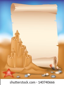 Blank paper scroll on summer beach background, vector illustration
