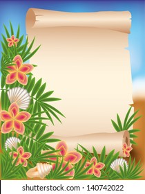 Blank paper scroll on summer tropical background, vector illustration