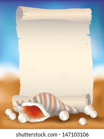 Blank paper scroll on tropical background with seashell and pearls, vector illustration