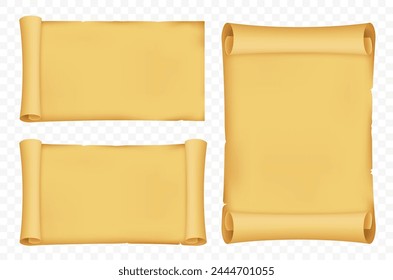 Blank paper scrolls or ancient manuscripts. Isolated on a transparent background. Stock vector templates