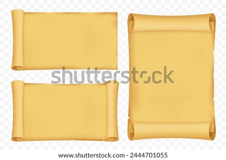 Blank paper scrolls or ancient manuscripts. Isolated on a transparent background. Stock vector templates