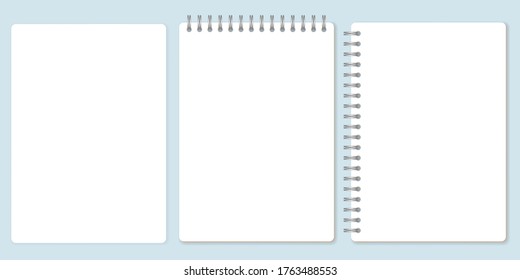 Blank paper set, template of spiral notebook and notepad sheets. Vector Illustration.