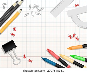 Plantilla de fondo de hoja de papel en blanco escolar con marco de útiles escolares. Ilustración vectorial