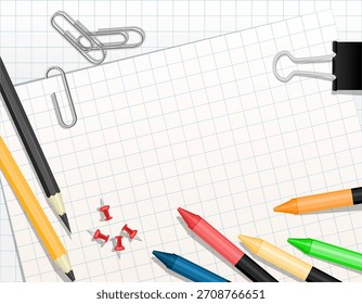 Blank paper sheet background with office supply. Vector illustration
