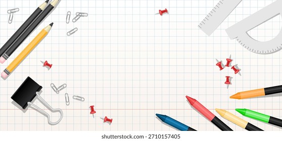 Plantilla de fondo de hoja de papel en blanco escolar con marco de útiles escolares. Ilustración vectorial