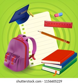 Blank paper sheet with backpack and books on green background. School, offer or sale advertising design. Typed text, calligraphy. For leaflets, brochures, invitations, posters or banners.