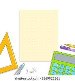 Leeres Blatt, Taschenrechner, Lineal, Stift und Bleistift. Vektorgrafik einzeln auf weißem Hintergrund